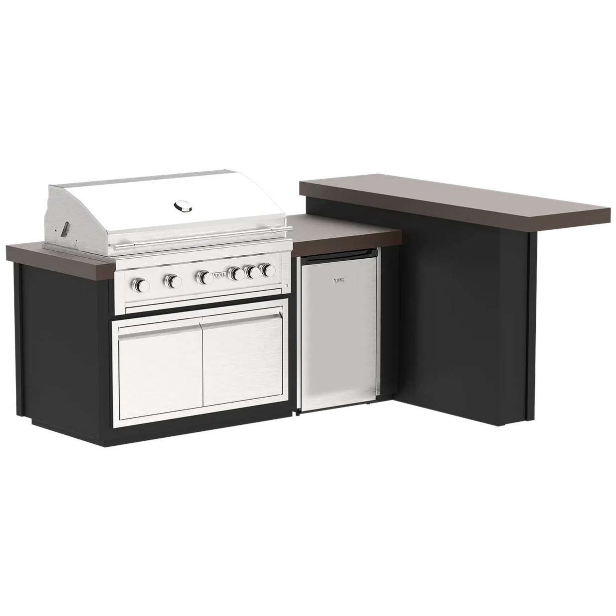 Outdoor kitchen island with grill and refrigerator on a white background