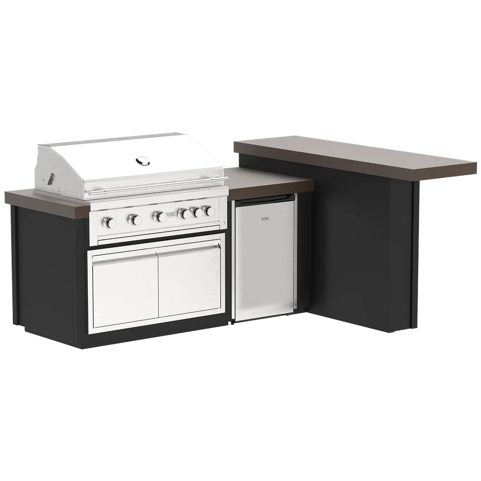 Outdoor kitchen island with grill and refrigerator on a white background
