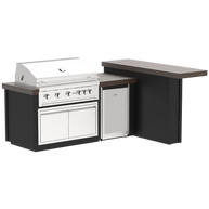 Outdoor kitchen island with grill and refrigerator on a white background