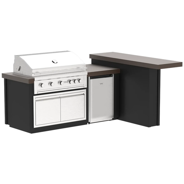 Outdoor kitchen island with grill and refrigerator on a white background