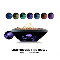 Lighthouse LED Fire Bowl with palm tree design and colorful flames on a white background