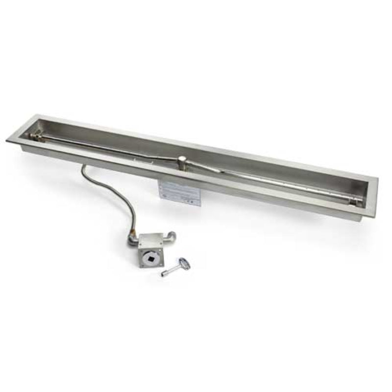 Stainless steel linear light fixture on a white background