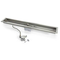 Stainless steel linear light fixture on a white background