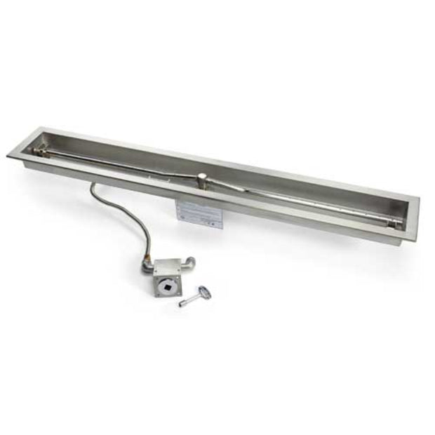 Stainless steel linear light fixture on a white background