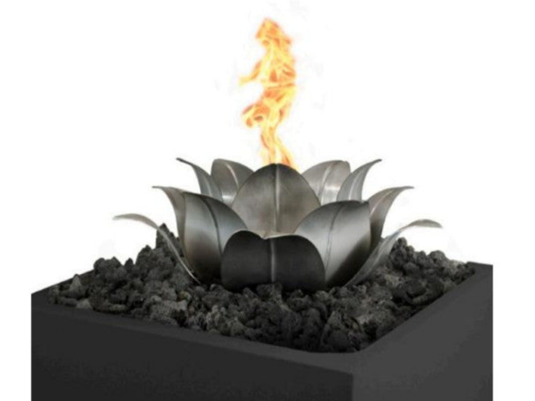 Metallic fire pit with flames on a white background