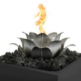 Metallic fire pit with flames on a white background