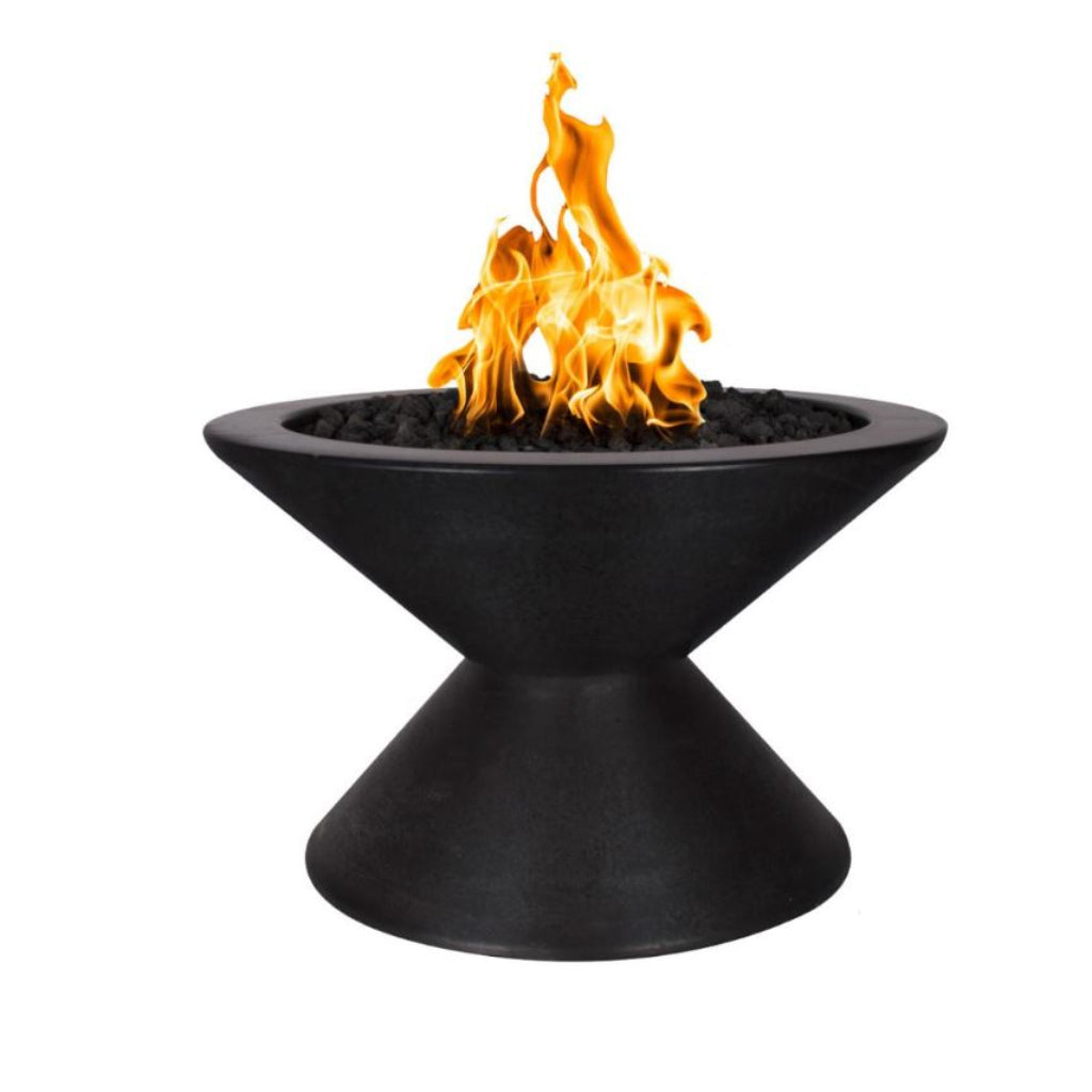 Black fire pit with flames on a white background