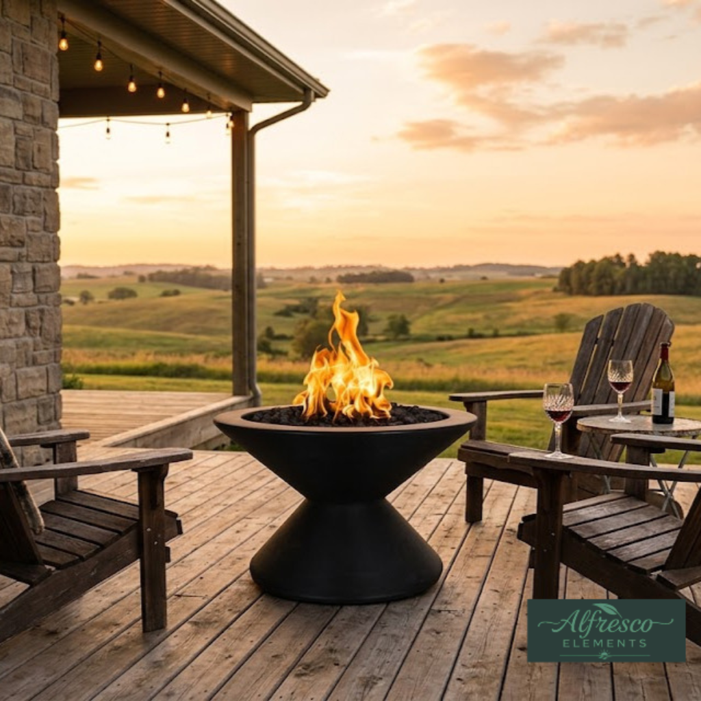 Outdoor patio with fire pit, chairs, and a scenic view of fields and trees.