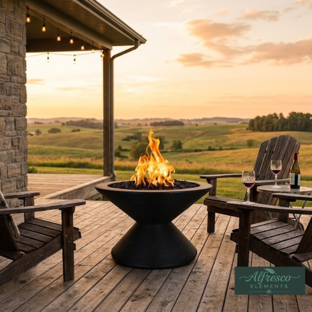 Outdoor patio with fire pit, chairs, and a scenic view of fields and trees.