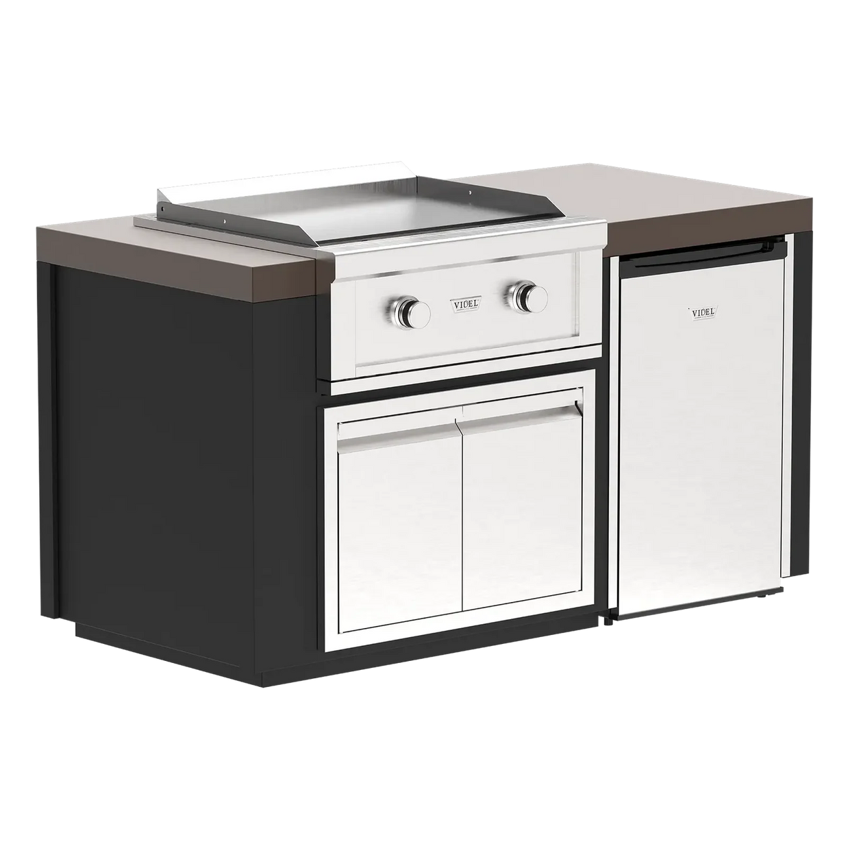 Outdoor kitchen island with grill and cabinets on a white background