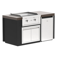 Outdoor kitchen island with grill and cabinets on a white background