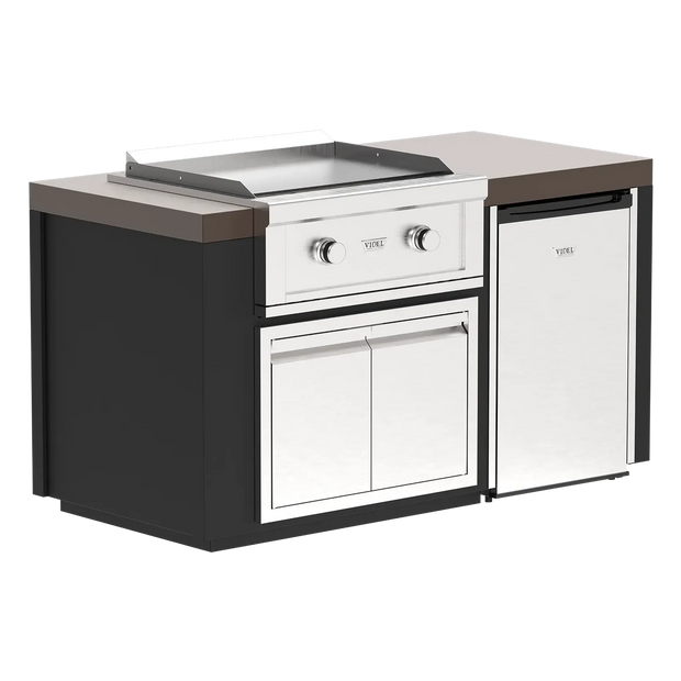 Outdoor kitchen island with grill and cabinets on a white background