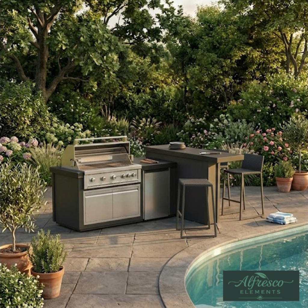 Outdoor kitchen area with grill and bar stools by a pool, featuring the Alfresco Elements brand.