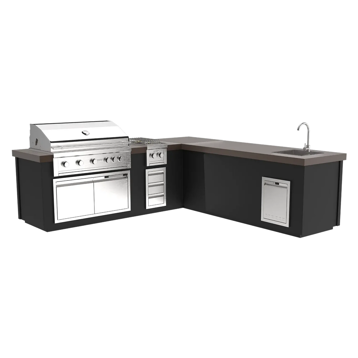 Outdoor kitchen with grill, cabinets, and sink on a white background