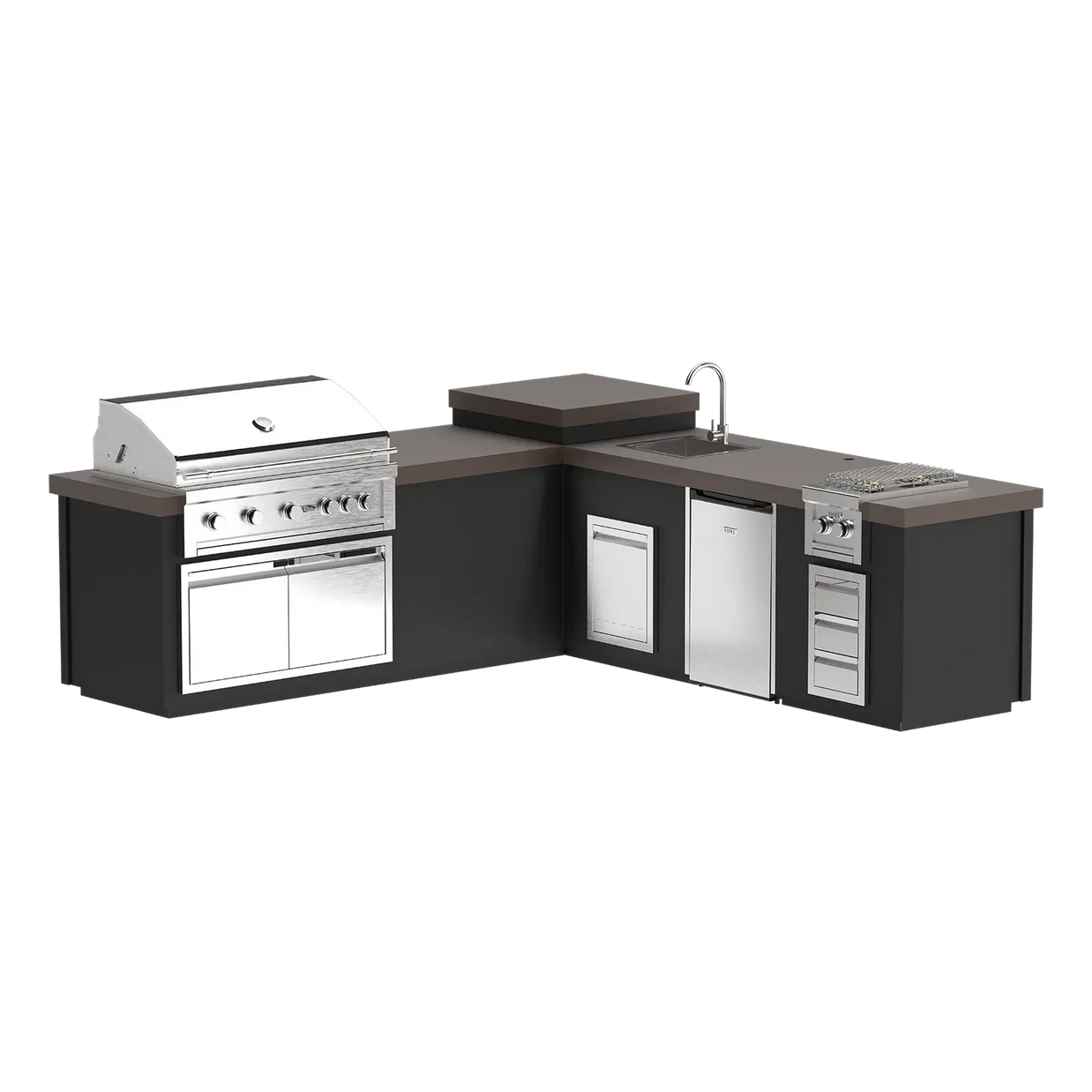 Outdoor kitchen with grill, sink, and cabinets on a white background