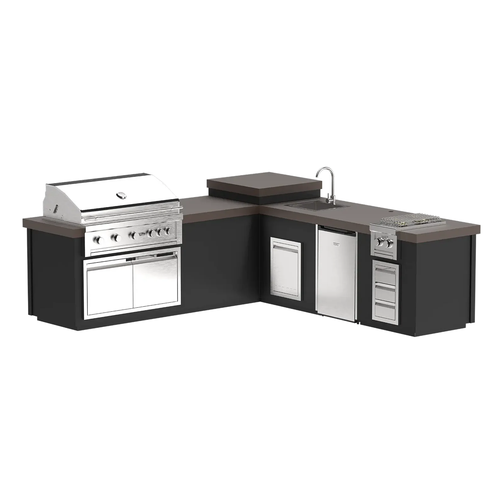 Outdoor kitchen with grill, sink, and cabinets on a white background