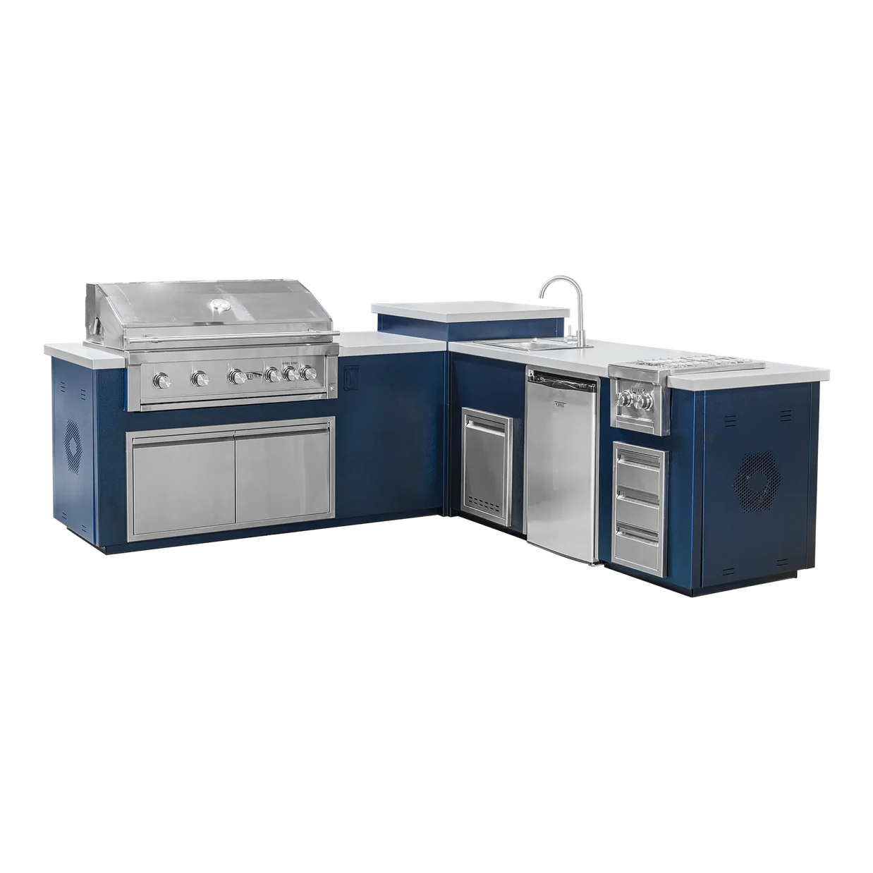 Outdoor kitchen with blue cabinets and stainless steel appliances on a white background