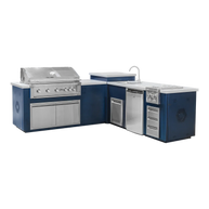 Outdoor kitchen with blue cabinets and stainless steel appliances on a white background