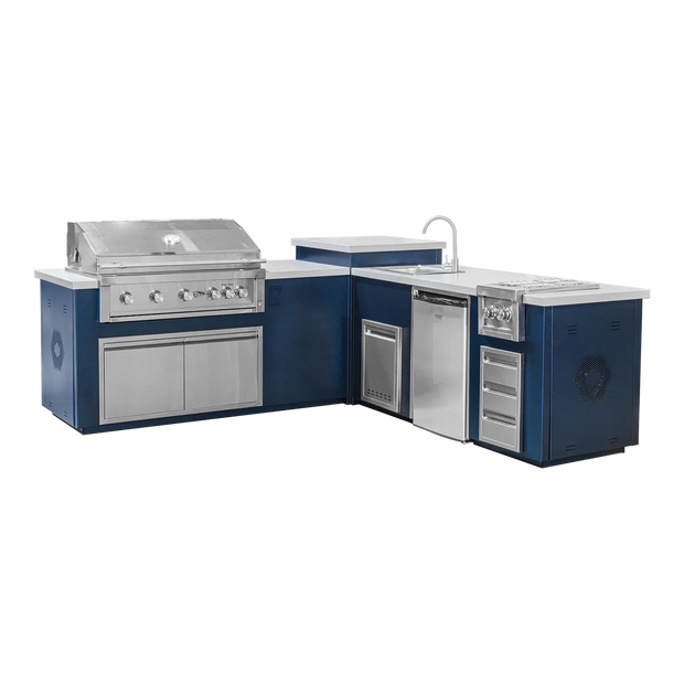 Outdoor kitchen with blue cabinets and stainless steel appliances on a white background