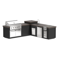 Outdoor kitchen with grill, sink, and cabinets on a white background