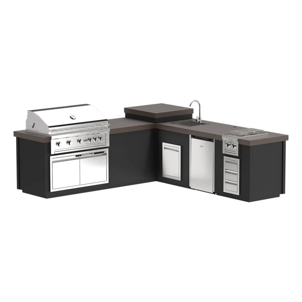 Outdoor kitchen with grill, sink, and cabinets on a white background