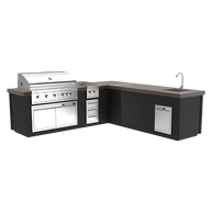 Outdoor kitchen with grill, cabinets, and sink on a white background