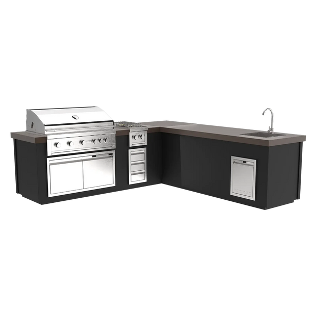 Outdoor kitchen with grill, cabinets, and sink on a white background
