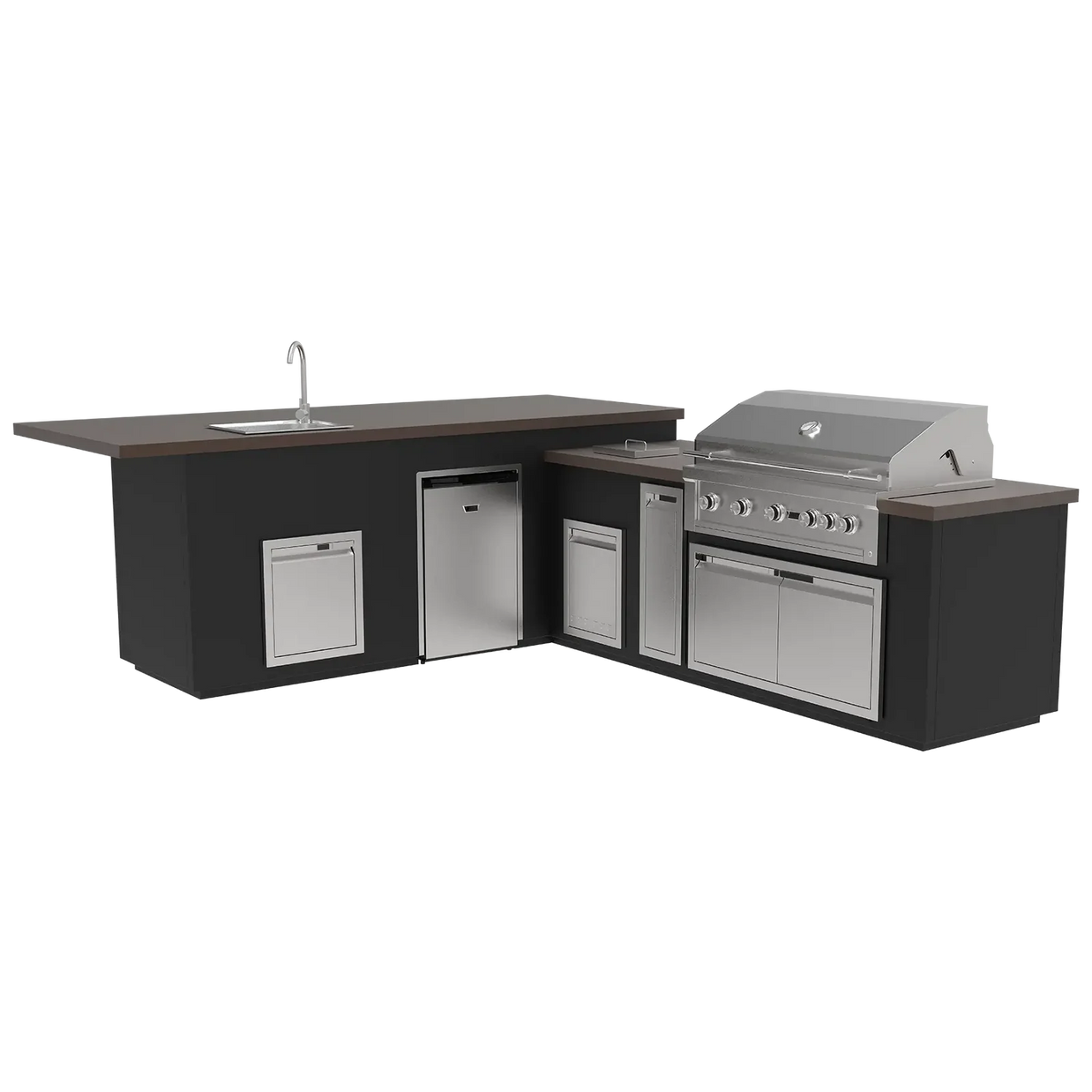 Outdoor kitchen island with grill, sink, and cabinets on a white background