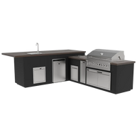 Outdoor kitchen island with grill, sink, and cabinets on a white background