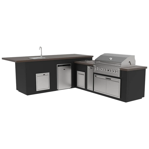 Outdoor kitchen island with grill, sink, and cabinets on a white background