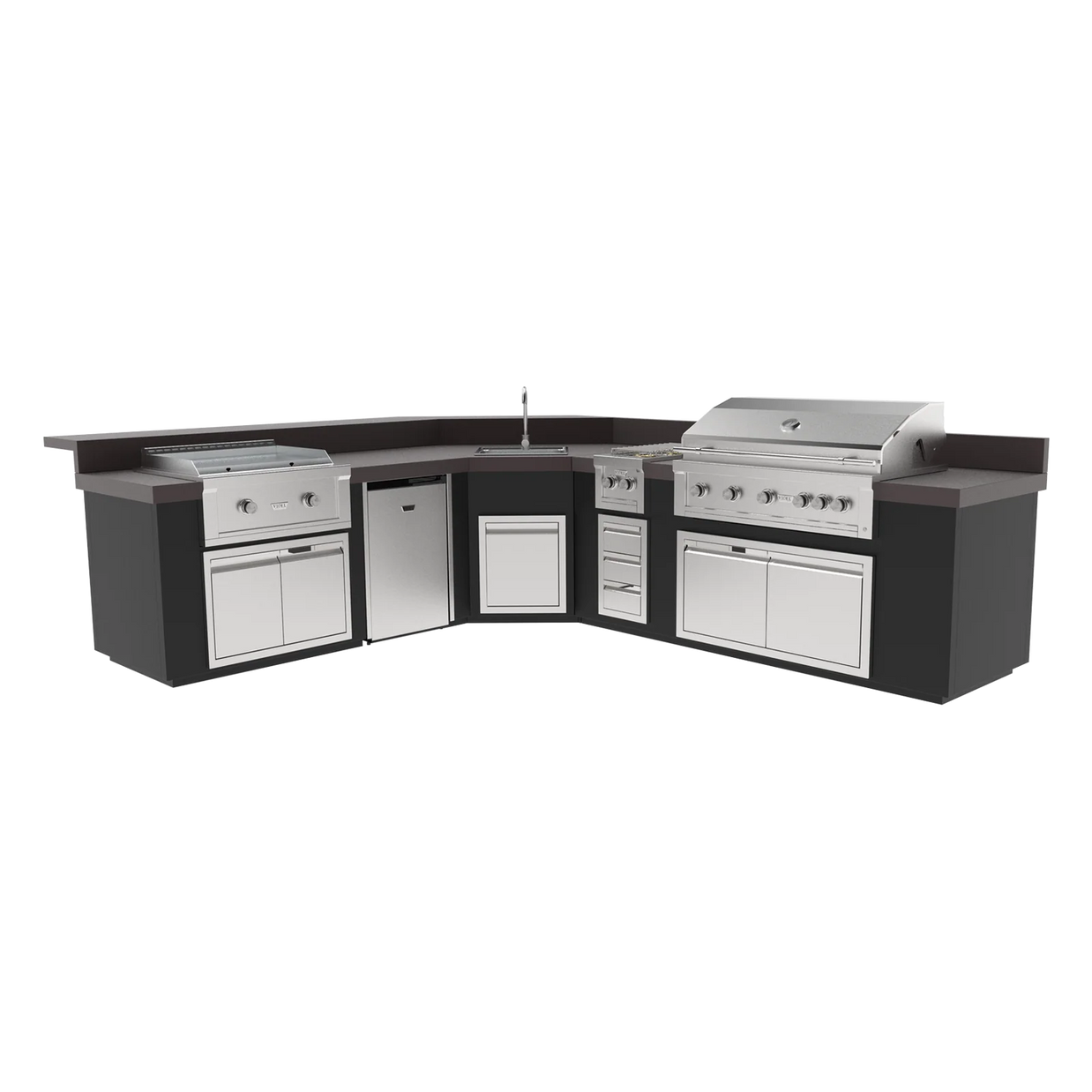 Outdoor kitchen with black countertops, white cabinets, and a grill on a white background