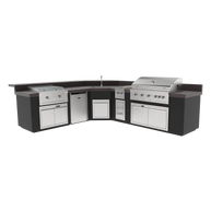 Outdoor kitchen with black countertops, white cabinets, and a grill on a white background