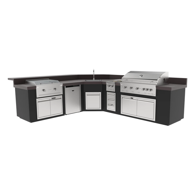 Outdoor kitchen with black countertops, white cabinets, and a grill on a white background