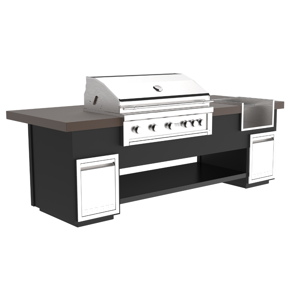 Outdoor grill with black base, brown counter and silver grill head on a white background