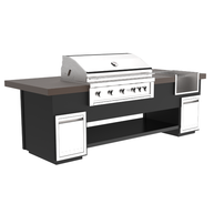Outdoor grill with black base, brown counter and silver grill head on a white background
