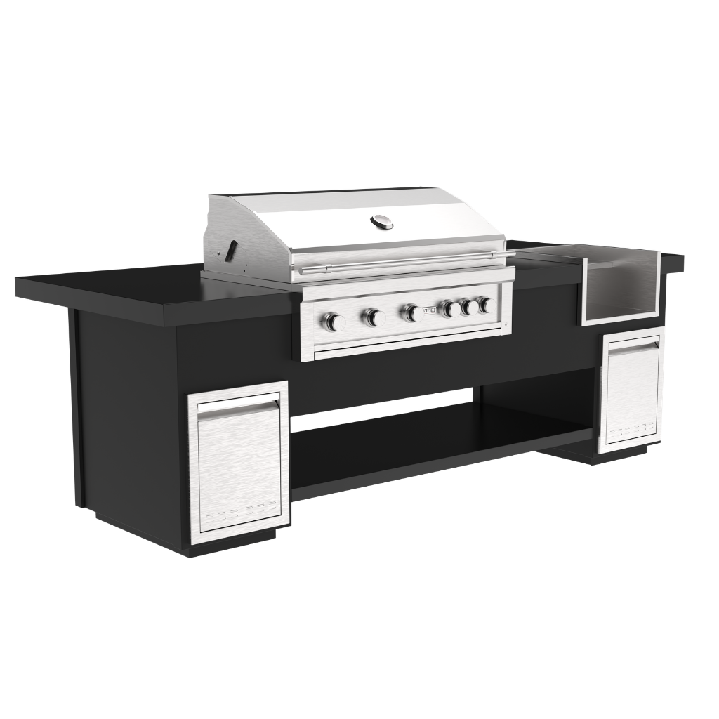 Black outdoor grill island with a stainless steel grill on a white background