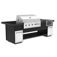 Black outdoor grill island with a stainless steel grill on a white background