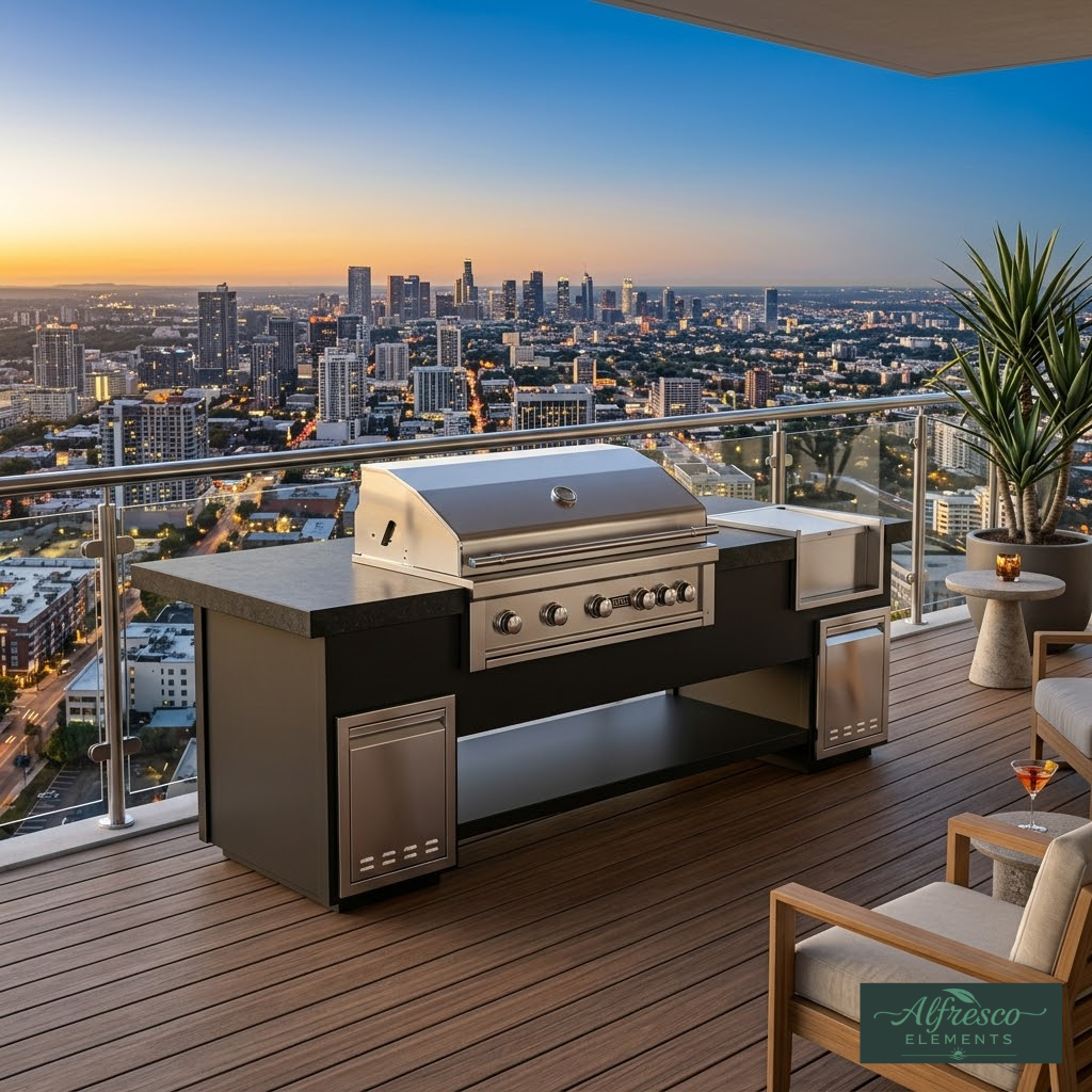 Outdoor kitchen with grill on a balcony overlooking a cityscape at sunset.