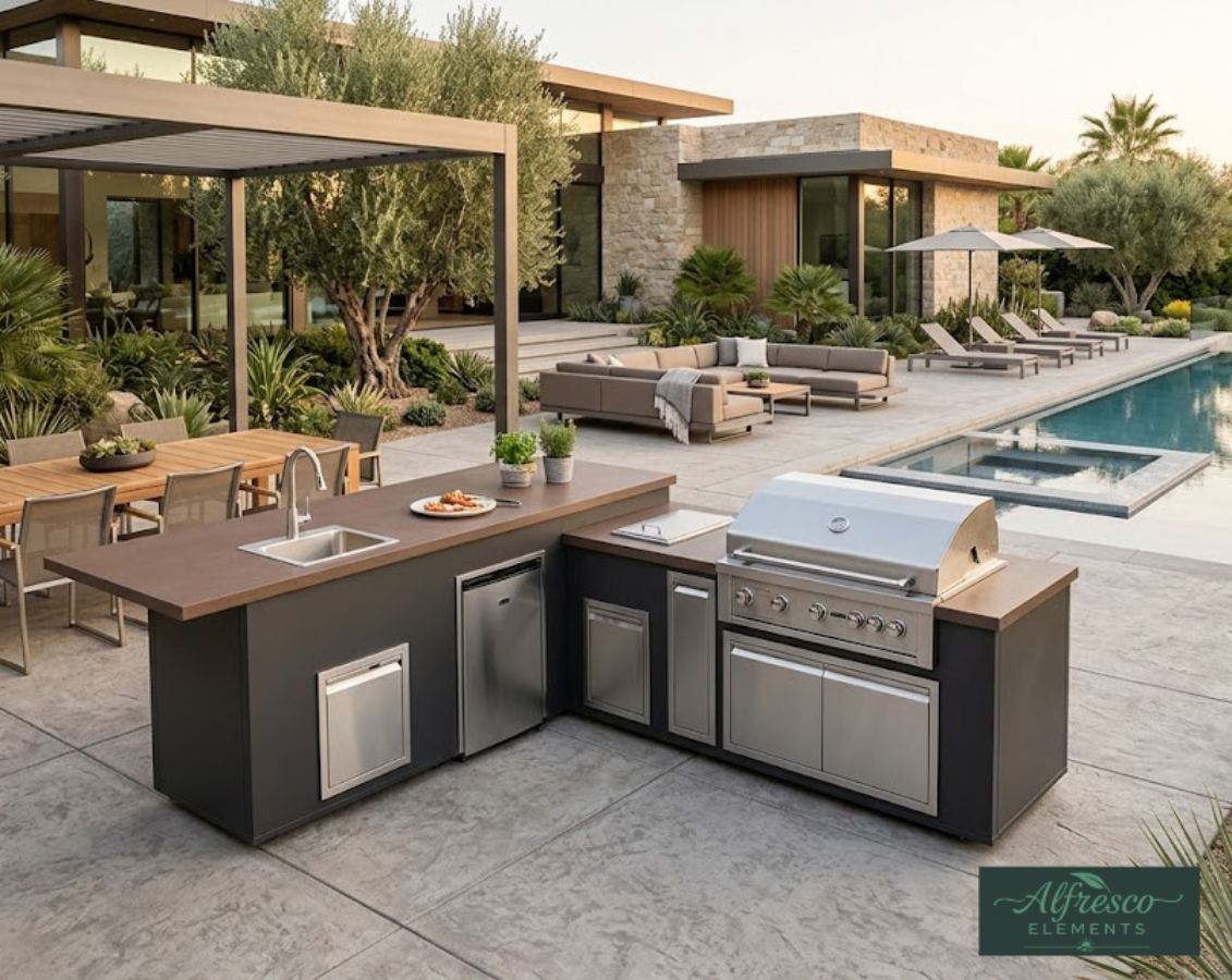 Outdoor kitchen with grill and sink area near a pool and patio