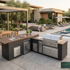 Outdoor kitchen with grill and sink area near a pool and patio