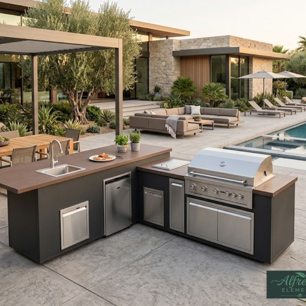 Outdoor kitchen with grill and sink area near a pool and patio