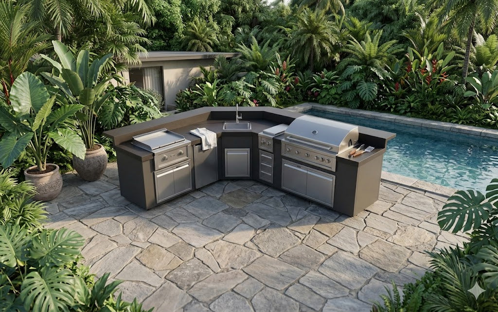 Outdoor kitchen with grill and sink area near a pool, surrounded by lush greenery.