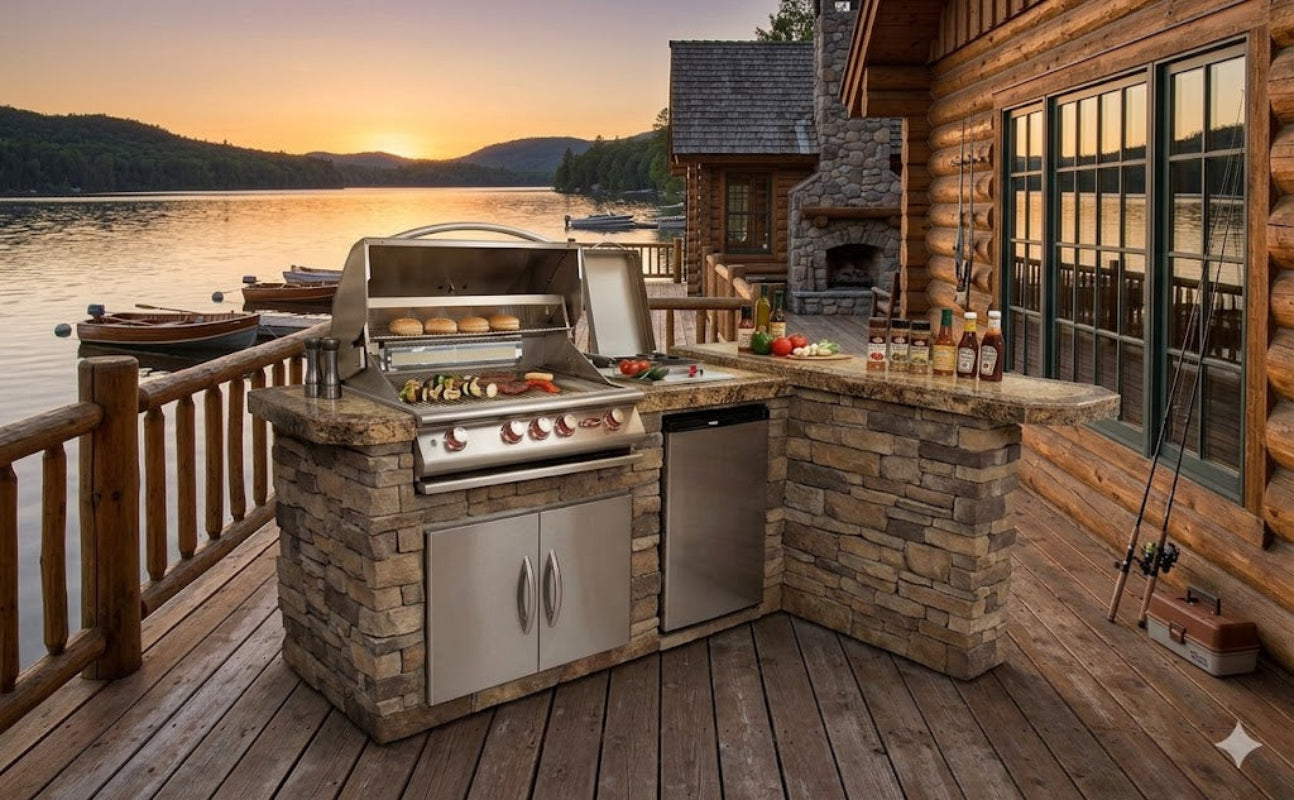 Outdoor kitchen with grill and cabinets on a wooden deck by a lake at sunset.