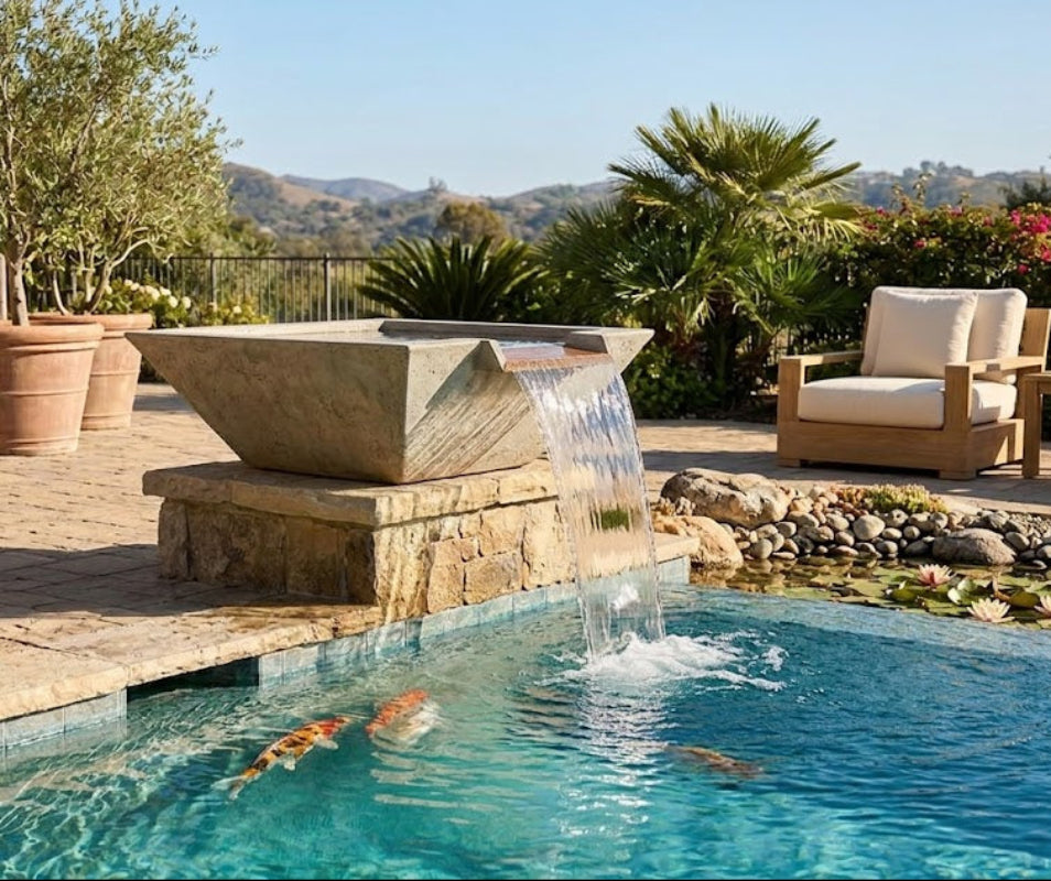 Maya Square GFRC Water Bowl by The Outdoor Plus in Rustic Coffee finish flowing into a luxury pool.