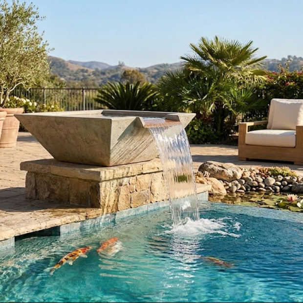 Maya Square GFRC Water Bowl by The Outdoor Plus in Rustic Coffee finish flowing into a luxury pool.
