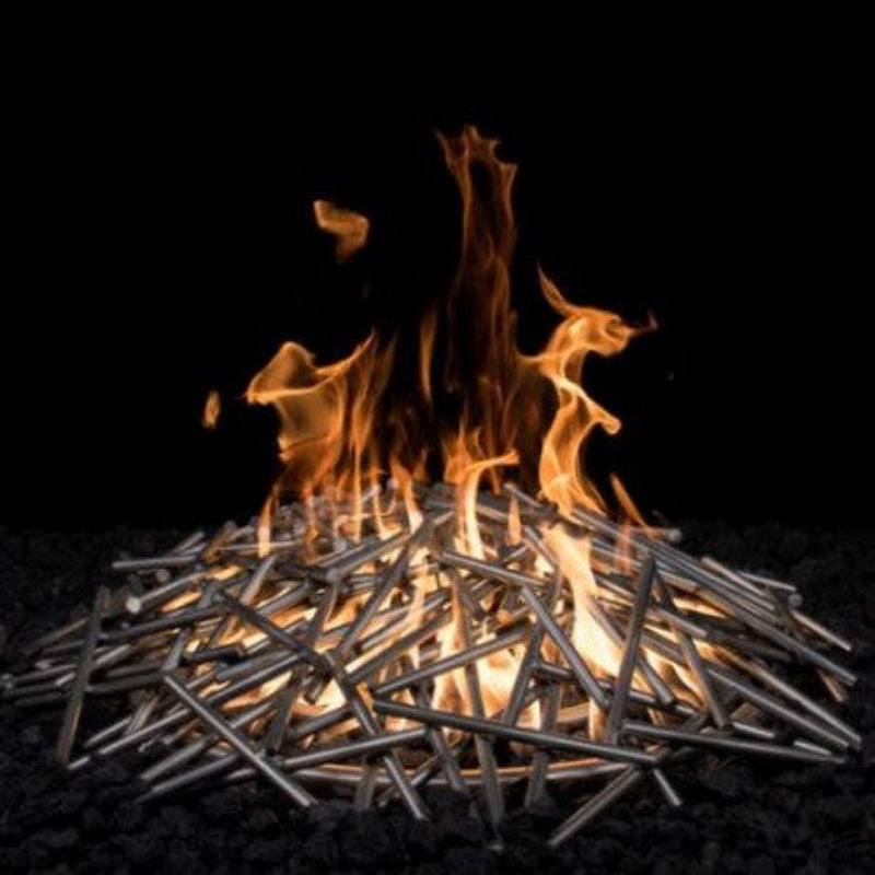 Fire pit with burning wood and flames against a black background