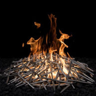 Fire pit with burning wood and flames against a black background