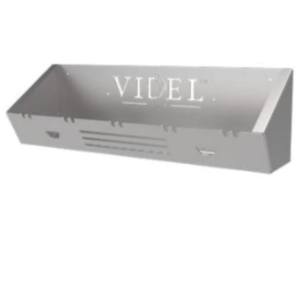 Metallic rectangular tray with 'VIDEL' branding on a white background