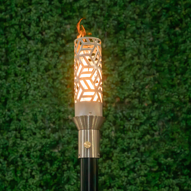 Geometric 304 Stainless Steel Cubist Torch head and 68-inch mounting post by The Outdoor Plus - styled in out door garden setting