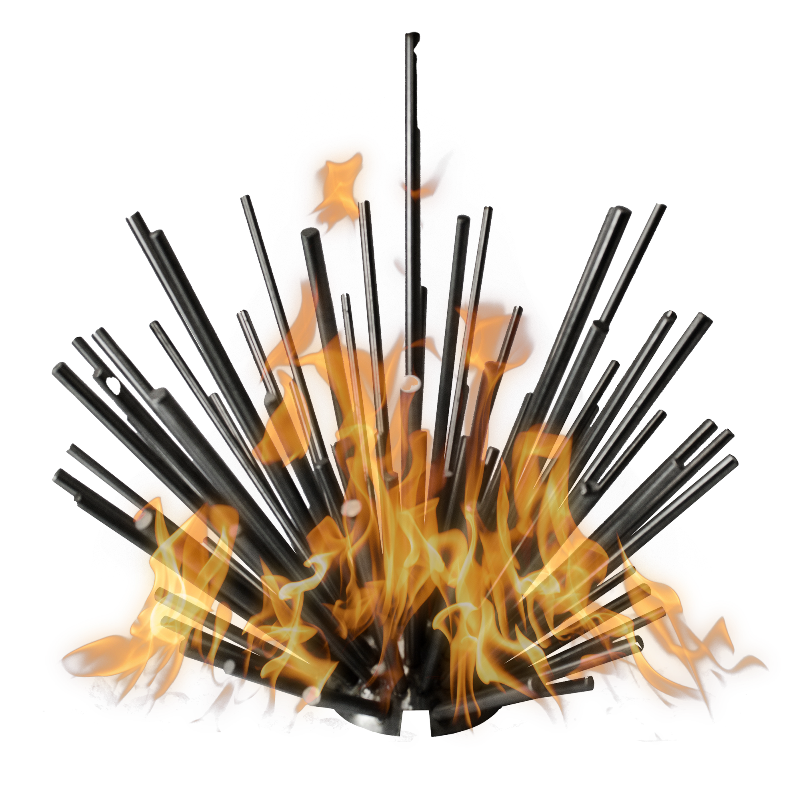 Black metal fire pit with flames on a white background